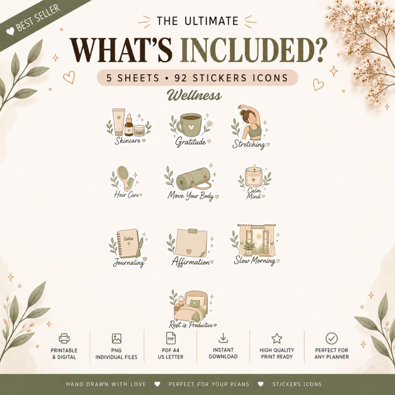 May include: A digital sticker set featuring 92 wellness-themed icons across 5 sheets. The icons include illustrations of skincare, gratitude, stretching, hair care, yoga mats, candles, journaling, affirmations, slow mornings, and rest, all in a soft palette.