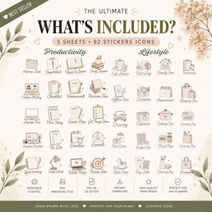 May include: A digital sticker set featuring 92 icons across 5 sheets, categorized into Productivity and Lifestyle. The beige and brown line art includes symbols for tasks, work, home, and errands, with text labels like Admin Task and Shopping Time.