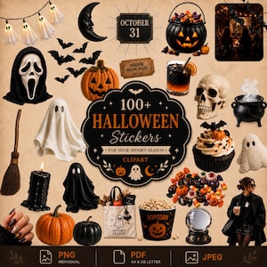 May include: A collection of Halloween-themed digital stickers featuring a ghost mask, pumpkins, a skull, a cauldron, ghosts, bats, a broom, a candle, popcorn, candy, a crystal ball, and a tote bag with the text 100+ HALLOWEEN Stickers.
