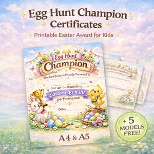 5 Egg Hunt Champion Certificate Printable – Easter Award for Kids – A4 & A5 PDF PNG – Easter Party Favor – Instant Download