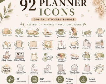92 minimale plannerstickers | Neutrale digitale stickerbundel voor Goodnotes | Pictogrammen voor esthetische productiviteit en zelfzorg