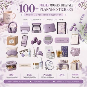 May include: A collection of over 100 purple-themed digital planner stickers featuring icons of a mug, headphones, printer, laptop, tablet, USB drive, shipping box, smartphone, dumbbells, timer, notepad, glasses, contact lens case, scissors, comb, hair clip, pharmacy bag, tea, piggy bank, food container, skincare, stethoscope, and clothing.