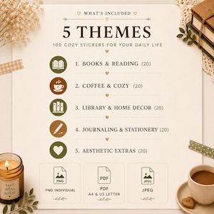 May include: A digital product information sheet titled 5 Themes 100 Cozy Stickers for Your Daily Life. It lists five categories: Books & Reading, Coffee & Cozy, Library & Home Decor, Journaling & Stationery, and Aesthetic Extras, each with 20 stickers.