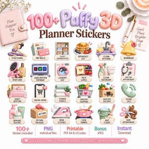 Può includere: Una collezione di oltre 100 adesivi 3D gonfi per agenda con icone per attività quotidiane come stretching, bucato, spesa e pulizie. Il set include file PNG individuali, fogli PDF stampabili in formato A4 e US Letter, e file JPEG in omaggio.