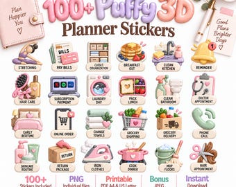 May include: A collection of 100+ puffy 3D planner stickers featuring various icons for daily tasks like stretching, laundry, grocery shopping, and cleaning. The set includes individual PNG files, printable PDF sheets in A4 and US Letter sizes, and bonus JPEG files.