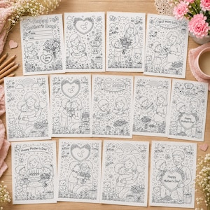 May include: A selection of black and white Mother's Day cards. Each card features illustrations of mothers and children, hearts, flowers, and the text "Happy Mother's Day!", "Best Mom Ever!", and "I Love You".