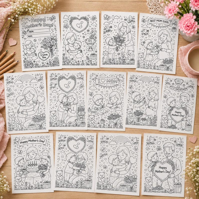 May include: A selection of black and white Mother's Day cards. Each card features illustrations of mothers and children, hearts, flowers, and the text "Happy Mother's Day!", "Best Mom Ever!", and "I Love You".