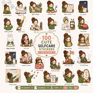 Paquete de pegatinas adorables para agenda de autocuidado, 100 pegatinas PNG, pegatinas GoodNotes, diario de bienestar, estética acogedora, agenda digital