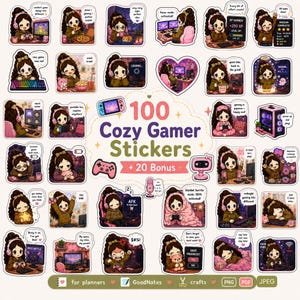 May include: A collection of 120 digital stickers featuring a cartoon character with brown hair and pink headphones in various gaming scenarios, including text bubbles like "100 Cozy Gamer Stickers + 20 Bonus" and "for planners, GoodNotes, crafts."