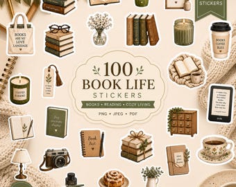 100 digitale stickers boekenliefhebber, gezellig lezen png, GoodNotes plannerstickers, afdrukbaar dagboek, plakboek, leesgrage decor