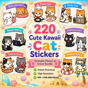 Peut inclure: Une collection numérique de 220 autocollants de chats kawaii mignons avec des thèmes variés comme la vie quotidienne, la nourriture, l'étude, les jeux, les émotions, l'amour et l'été. Le graphique montre des chats dessinés et des éléments de plage.