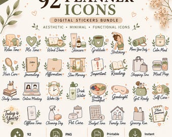 May include: A digital sticker bundle featuring 92 planner icons with a soft color palette. The collection includes illustrations for daily activities like skincare, meal prep, and exercise, each labeled with text such as Relax Time and Wake Up.