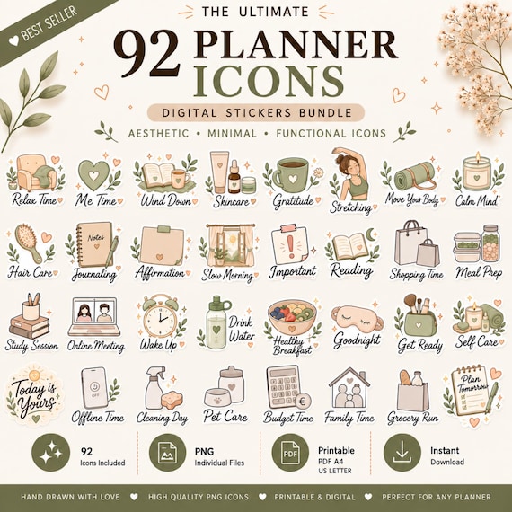 92 Minimal Planner Stickers | Neutral Digital Sticker Bundle for Goodnotes | Aesthetic Productivity & Self Care Icons