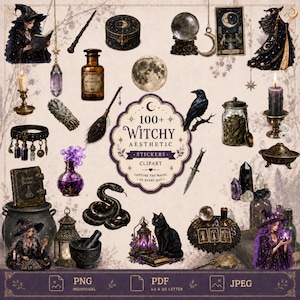 May include: A digital collection of witchy aesthetic clipart stickers featuring illustrations of a witch, a crystal ball, a black cat, a snake, a raven, tarot cards, potion bottles, a cauldron, a broom, a dagger, and candles with the text 100+ WITCHY AESTHETIC STICKERS.
