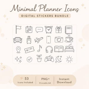 Könnte beinhalten: Ein digitales Sticker-Bundle mit minimalistischen Planer-Symbolen. Die Symbole umfassen eine Flagge, einen Kalender, eine Sprechblase, einen Wecker, ein Geschenk, ein Notizbuch, ein Auto, einen Koffer, ein Flugzeug, ein Telefon, eine Kamera, eine Teetasse, eine Standortmarkierung, ein Ticket, eine Musiknote, Kopfhörer, ein Buch, ein Bett, Glitzer, ein Häkchen, eine Pflanze, einen Gamecontroller, einen Mond und eine Sonne.