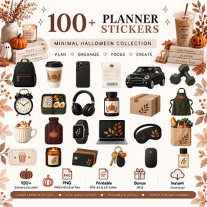 May include: A digital collection of 100+ planner stickers featuring a minimal Halloween theme. The set includes icons of pumpkins, coffee cups, a black backpack, a car, headphones, a laptop, a grocery bag, and various household items with autumn motifs.