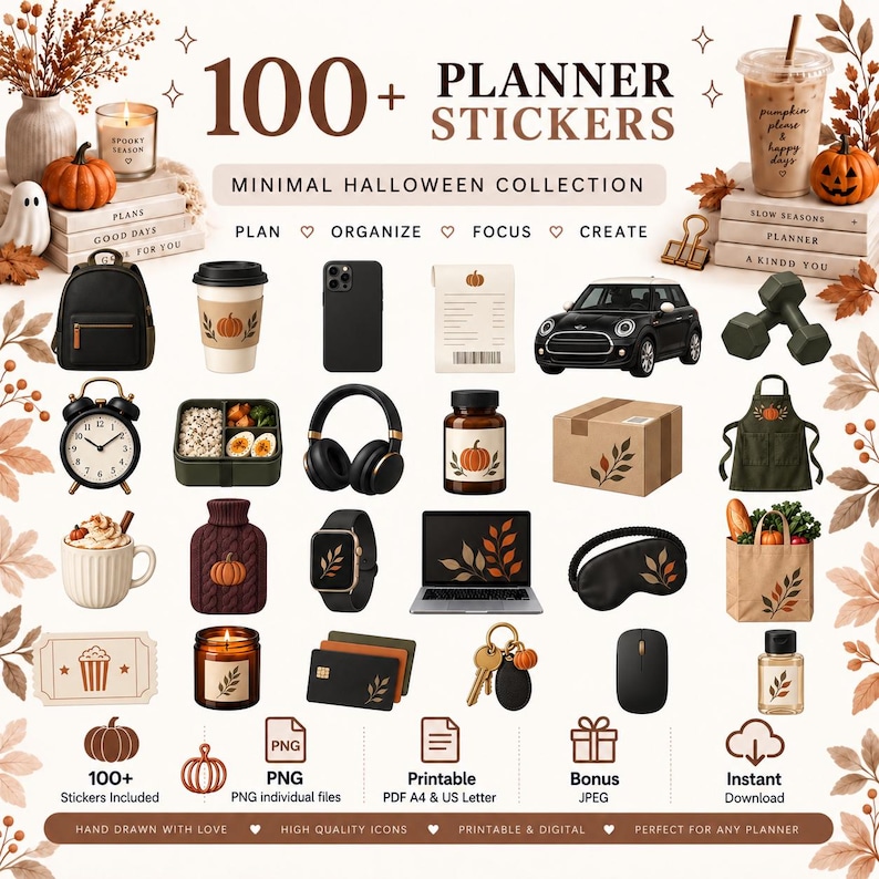 May include: A digital collection of 100+ planner stickers featuring a minimal Halloween theme. The set includes icons of pumpkins, coffee cups, a black backpack, a car, headphones, a laptop, a grocery bag, and various household items with autumn motifs.