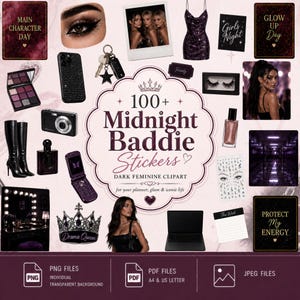 Puede incluir: Una colección digital de más de 100 pegatinas Midnight Baddie con imágenes prediseñadas femeninas oscuras. Incluye imágenes de un vestido de lentejuelas, maquillaje, una corona, un teléfono plegable, un portátil, una cámara, botas y perfume.