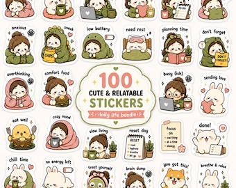 Leuke bundel digitale plannerstickers, 100 png-stickers, GoodNotes-stickers, dagelijks leven, zelfzorg, gezellige esthetiek, iPad-dagboekstickers