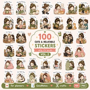 Paquete de pegatinas digitales para agenda, vol. 2, 100 pegatinas PNG, pegatinas para GoodNotes, vida diaria, autocuidado, estética acogedora, pegatinas para diario de iPad.