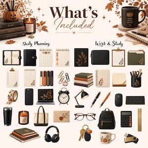 May include: A collection of stationery and office supplies including planners, notebooks, pens, a laptop, a desk lamp, a calculator, a mug, a candle, a tote bag, headphones, and various desk accessories, all featuring autumn-themed colors and motifs.