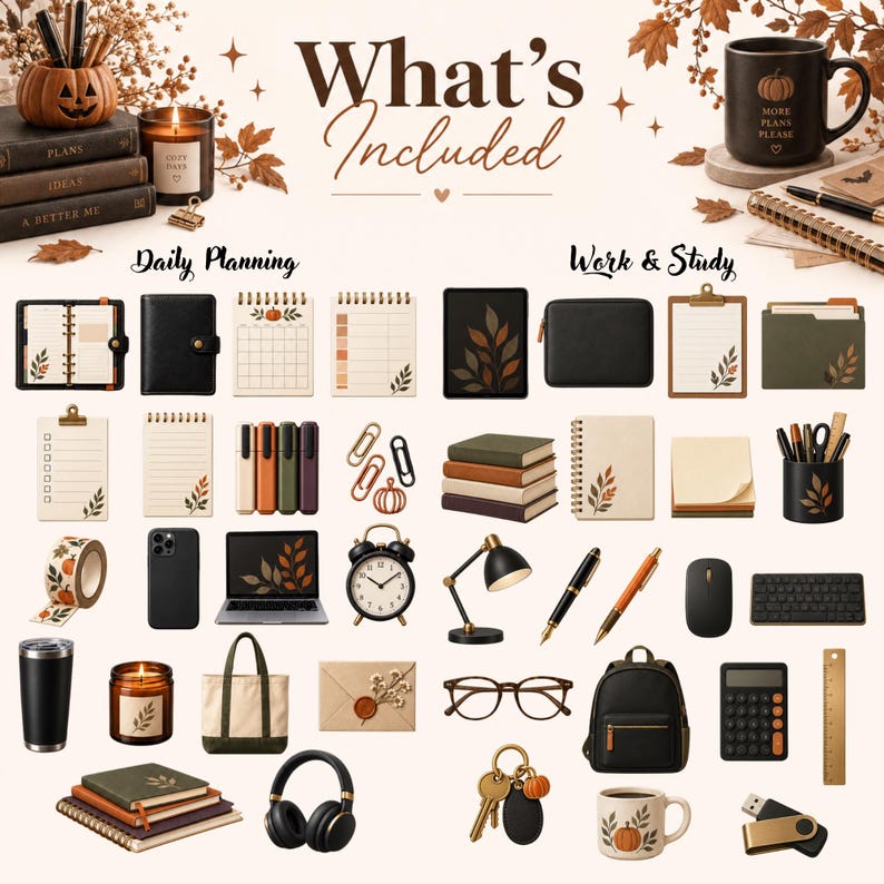 May include: A collection of stationery and office supplies including planners, notebooks, pens, a laptop, a desk lamp, a calculator, a mug, a candle, a tote bag, headphones, and various desk accessories, all featuring autumn-themed colors and motifs.
