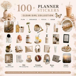 Könnte beinhalten: Eine digitale Sammlung von über 100 Planer-Aufklebern mit dem Titel Clean Girl Collection, die Illustrationen von Hautpflegeprodukten, einem Jaderoller, Eiskaffee, Laptop, Kopfhörern, Büchern, Kerzen und Lifestyle-Artikeln in neutralen Beigetönen zeigt.