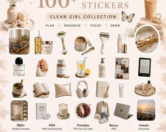 May include: A digital collection of 100+ planner stickers titled Clean Girl Collection, featuring illustrations of skincare products, a jade roller, iced coffee, a laptop, headphones, books, candles, and lifestyle items in a neutral beige color palette.