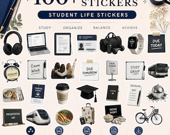 100+ Student Life Stickers |Neutral Digital Sticker Bundle for Goodnotes|Aesthetic Study Planner Stickers |Productivity & College Life Icons