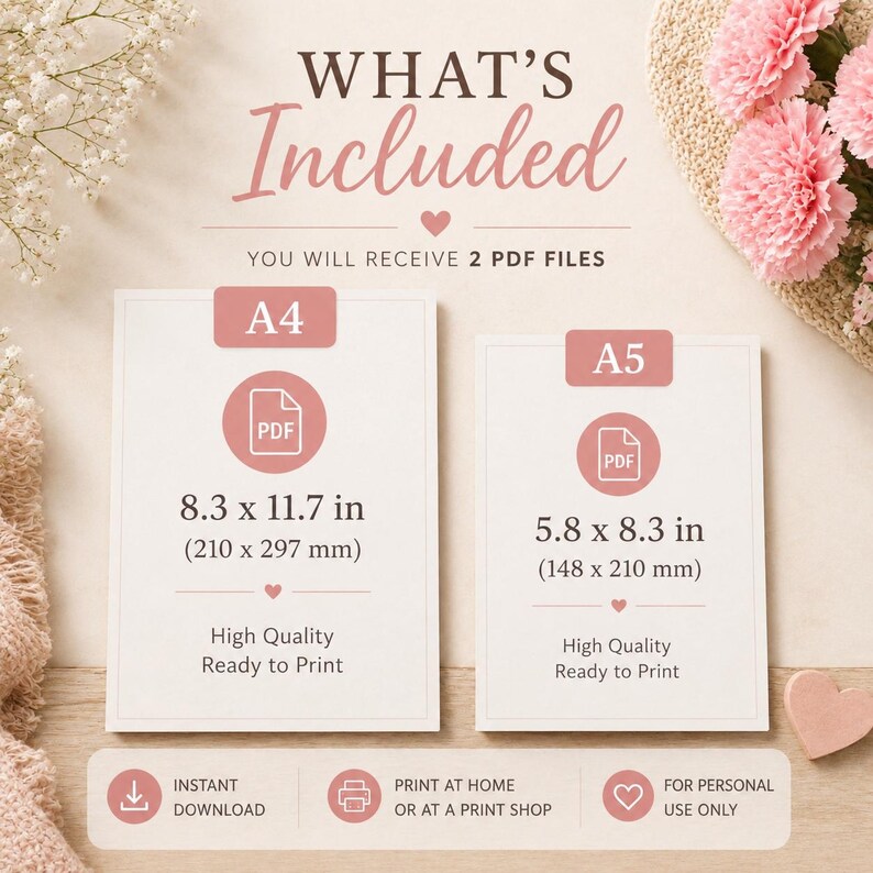 May include: A digital download graphic with the text "WHAT'S Included". The image shows two PDF files, A4 size at 210 x 297 mm and A5 size at 148 x 210 mm. Includes the text "Instant Download" and "Print at Home or at a Print Shop".