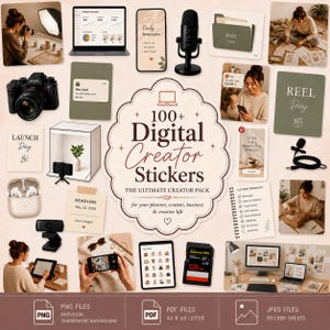 May include: A collection of 100+ digital creator stickers featuring icons for content planning, business, and creative tasks. The set includes various digital assets, planner pages, and tech equipment illustrations in a cohesive, neutral color palette.
