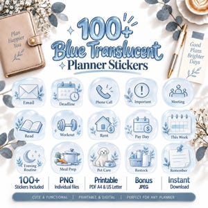 Könnte beinhalten: Eine Sammlung von 100+ blauen, durchscheinenden Planer-Aufklebern mit Symbolen wie Umschlag, Kalender, Telefon und Buch. Der Text lautet 100+ Blue Translucent Planner Stickers sowie Good Plans Brighter Days und enthält Aufgabenbeschriftungen.