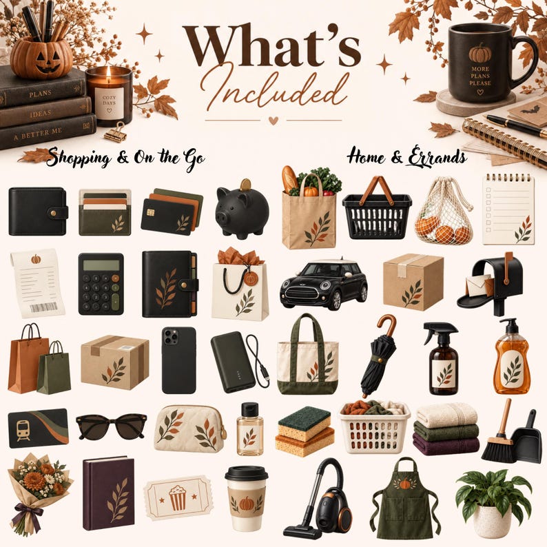 May include: A collection of lifestyle items including a black wallet, card holder, piggy bank, tote bags, calculator, smartphone, power bank, sunglasses, bouquet, notebooks, mug, basket, umbrella, spray bottle, soap, sponges, vacuum, apron, and plant.