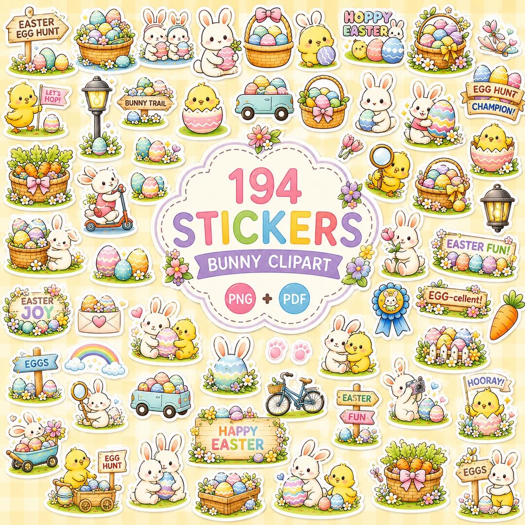 Spring Bonnie Sticker 194 Spring Stickers Printable Bundle, Bunny & Chick PNG Clipart, A4 A5 ...