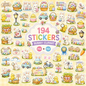 Può includere: Una collezione di 194 adesivi a tema pasquale con coniglietti, pulcini, uova e cestini. Gli adesivi includono testo come "Buona Pasqua" e "Caccia alle uova". Il design è vivace e colorato, ideale per lavoretti e festeggiamenti pasquali.