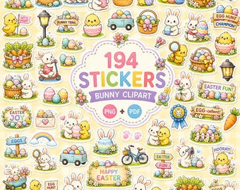 Op de afbeelding: Een verzameling van 194 Paasstickers met konijntjes, kuikens, eieren en manden. De stickers bevatten tekst zoals "Vrolijk Pasen" en "Eieren zoeken". Het ontwerp is kleurrijk en feestelijk, ideaal voor Paasknutselwerkjes en decoraties.