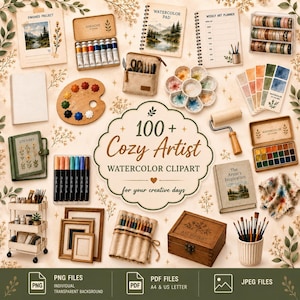 Può includere: Una collezione di forniture artistiche digitali tra cui acquerelli, pennelli, una tavolozza in legno, un album da disegno, un'agenda settimanale, un carrello, cornici e una scatola in legno, attorno a un cartello 100+ Cozy Artist WATERCOLOR CLIPART.