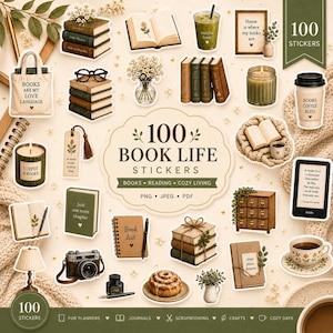 May include: A collection of 100 stickers featuring illustrations of books, reading accessories, coffee cups, candles, a camera, and plants. The stickers include text such as Books Are My Love Language, Book Life, and Coffee & Books, presented in a neutral palette.