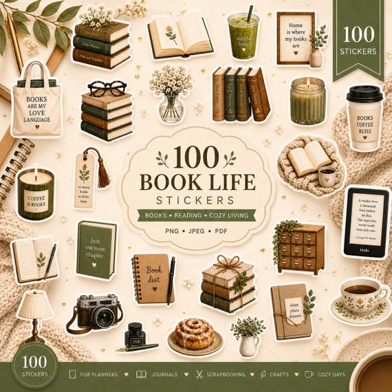 100 Book Lover Digital Stickers, Cozy Reading PNG, GoodNotes Planner Stickers, Printable Journal, Scrapbook, Bookish Decor