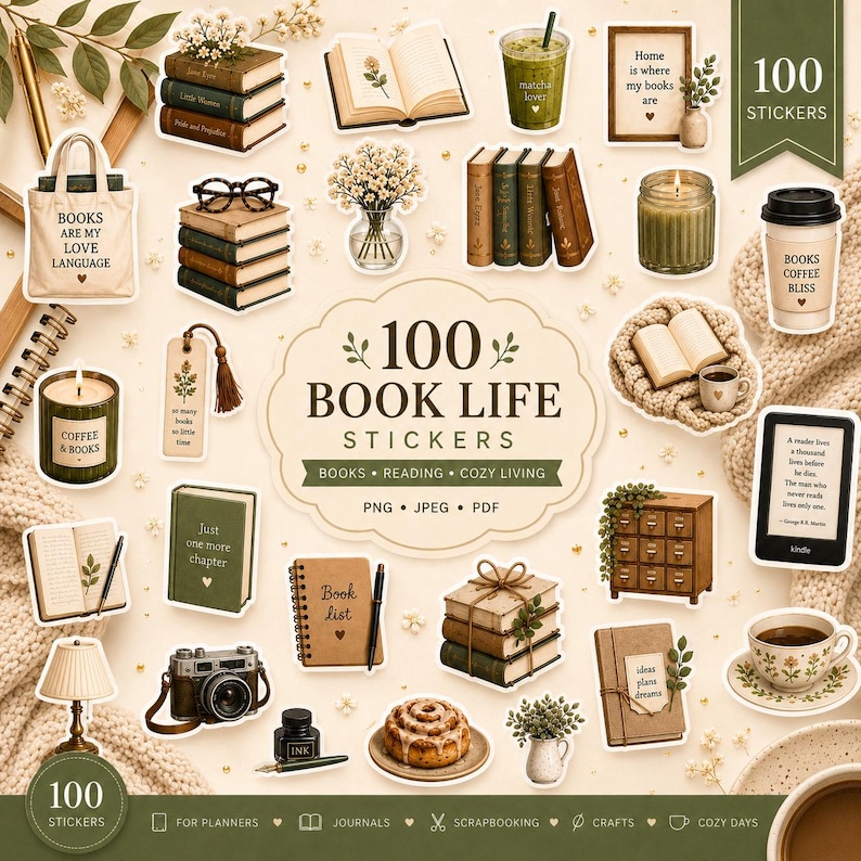 May include: A collection of 100 stickers featuring illustrations of books, reading accessories, coffee cups, candles, a camera, and plants. The stickers include text such as Books Are My Love Language, Book Life, and Coffee & Books, presented in a neutral palette.