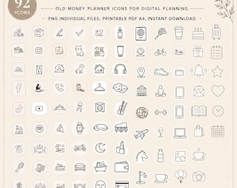 92 neutrale lifestyle-iconen|Minimale plannerstickers voor goodnotes|Oud geld digitale stickerbundel | Pictogrammen voor esthetische productiviteit en zelfzorg