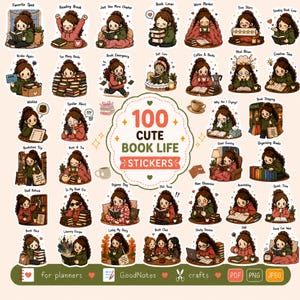 Pode incluir: Uma coleção de 100 adesivos com um personagem de desenho animado de cabelo castanho em várias atividades relacionadas a livros. O rótulo central diz 100 CUTE BOOK LIFE STICKERS. Os adesivos mostram o personagem lendo e comprando livros.