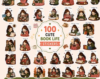 Bundel Cute Book Life-stickers, 100 png-stickers, GoodNotes-stickers, digitale plannerstickers, dagboek lezen