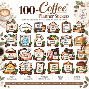 Puede incluir: Una colección de más de 100 pegatinas para planificadores con temática de café, que presenta varios iconos ilustrados y simpáticos como tazas de café, portátiles, carritos de compra y artículos del hogar, con granos de café y etiquetas.
