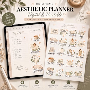 May include: A digital planner displayed on a tablet screen alongside a printed sheet of 92 adhesive stickers. The planner features a daily schedule layout with sections for priorities, tasks, and notes, decorated with various illustrated icons.