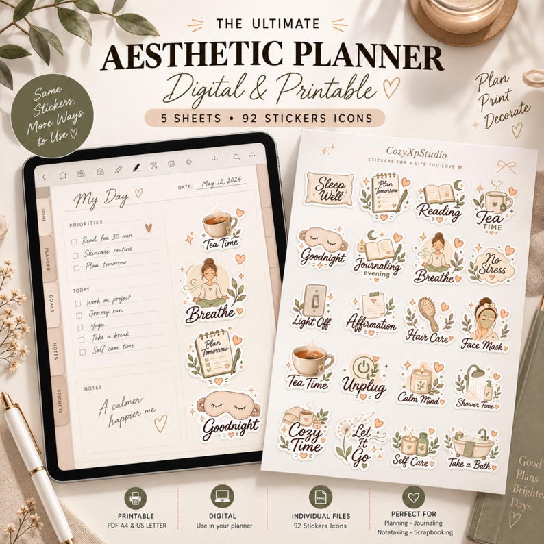 May include: A digital planner displayed on a tablet screen alongside a printed sheet of 92 adhesive stickers. The planner features a daily schedule layout with sections for priorities, tasks, and notes, decorated with various illustrated icons.