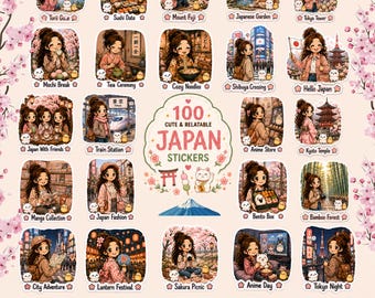 Bundel Cute Japan Life-stickers, 100 png-stickers, GoodNotes-stickers, kawaii Japan, iPad-dagboek, Sakura-planner
