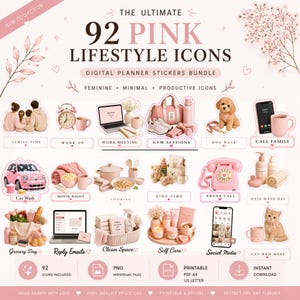 May include: A digital bundle of 92 pink lifestyle icons featuring illustrations of daily activities like gym sessions, grocery shopping, and pet care. The collection includes various pink-themed objects, text labels, and planner stickers for digital use.