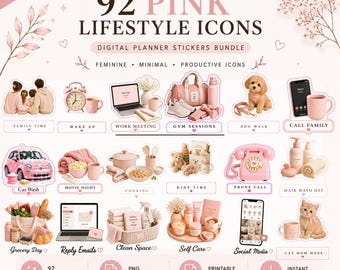 May include: A digital bundle of 92 pink lifestyle icons featuring illustrations of daily activities like gym sessions, grocery shopping, and pet care. The collection includes various pink-themed objects, text labels, and planner stickers for digital use.