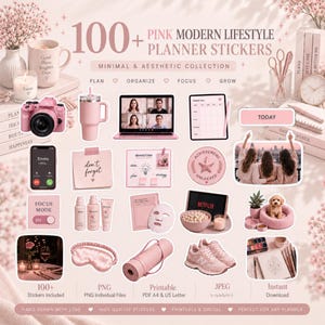 Puede incluir: Una colección de más de 100 pegatinas de estilo de vida moderno en color rosa para planificadores, con diversas ilustraciones que incluyen una cámara, un vaso, un portátil, un smartphone, productos de cuidado facial, una esterilla de yoga, zapatillas y un cachorro.